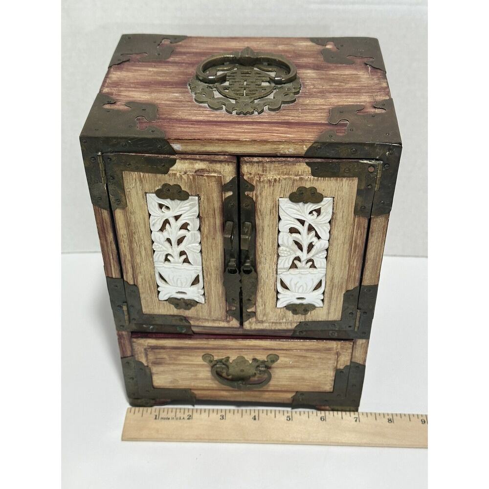 Chinese Wood Brass‎ antique Jewellery Cabinet carved jade box chest gorgeous! - Picture 6 of 11